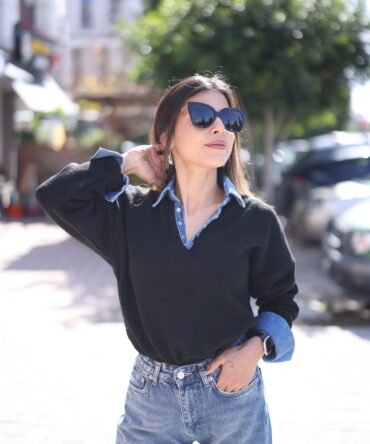 Denim Yakalı Yumoş Kazak